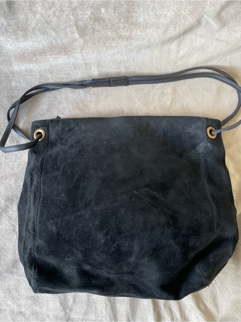 Black Suede Shoulder Bag with Grommet Detail